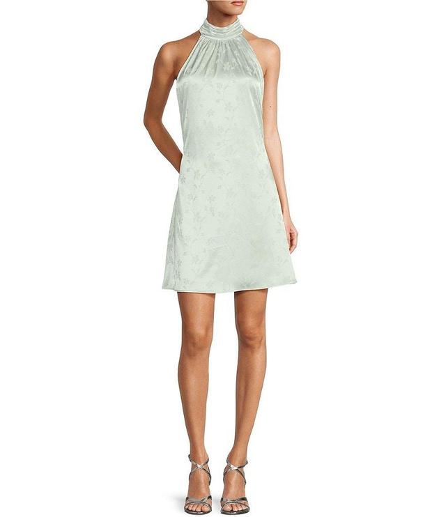 Belle Badgley Mischka Krista Satin Jacquard Floral Sleeveless Halter Neck Tie Back Fit and Flare Dress Product Image