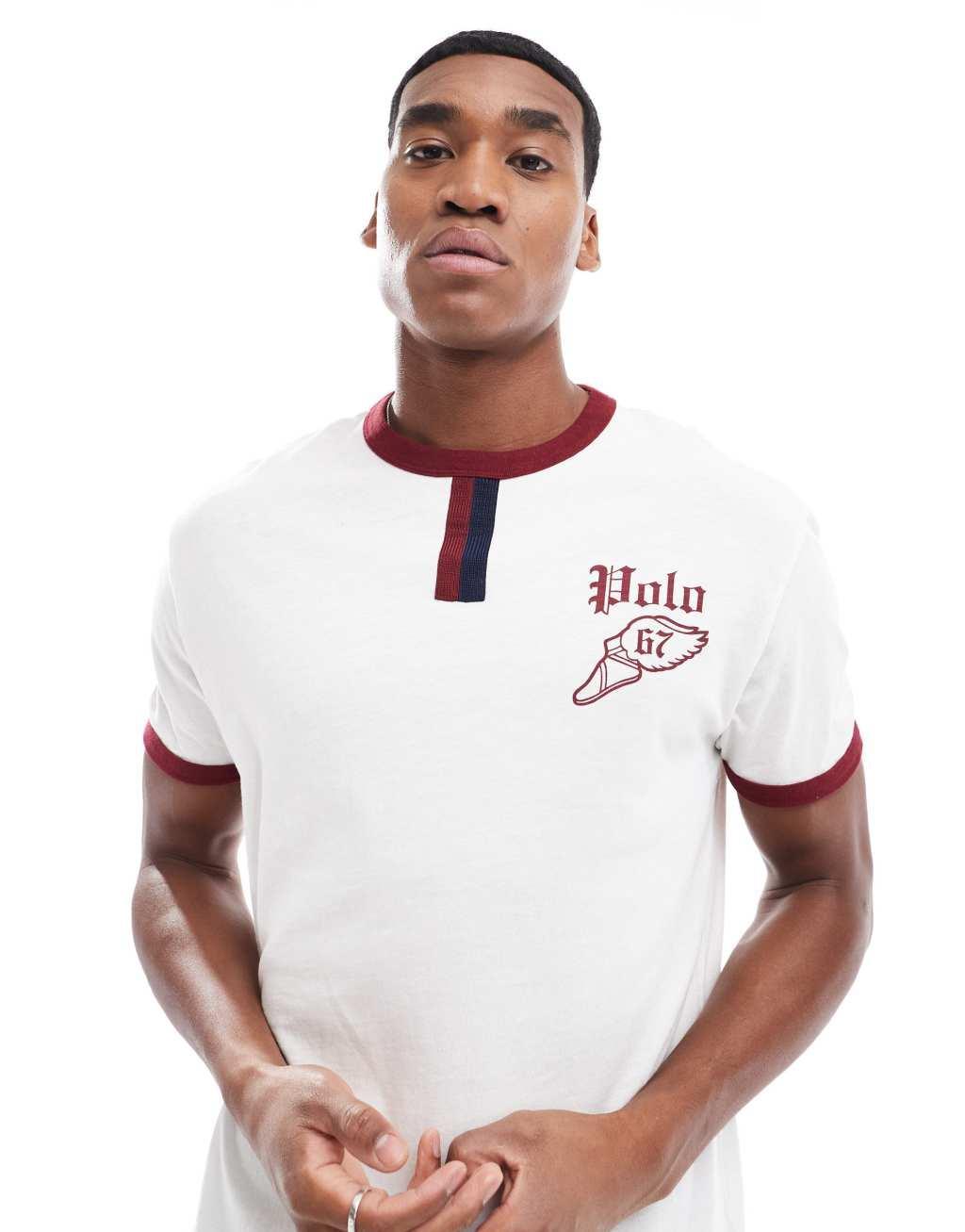 Polo Ralph Lauren retro sports logo slub ringer t-shirt classic oversized fit in white/burgundy Product Image