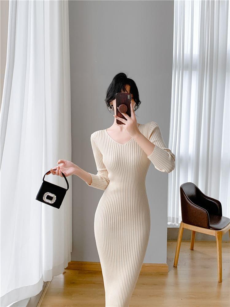 Long-Sleeve V-Neck Plain Ribbed Midi Sheath Knit Dress Product Image