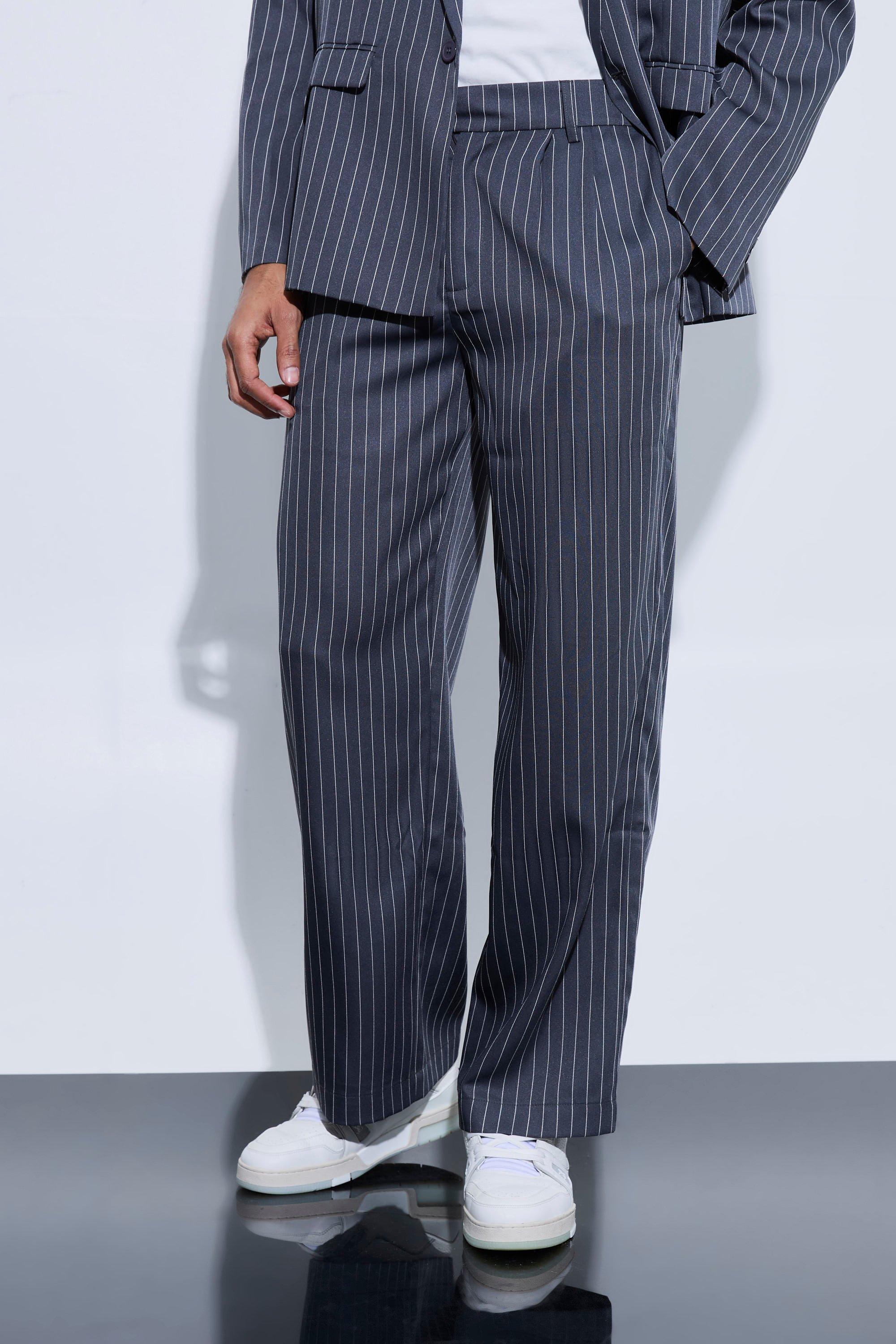 Pinstripe Relaxed Wide Leg Suit Trousers | boohooMAN USA Product Image