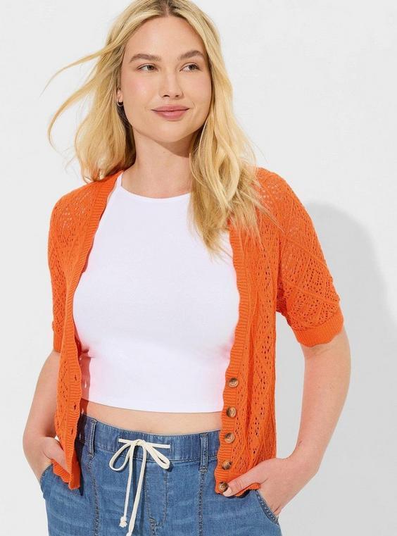 Pointelle Cardigan Button Front Cropped Sweater Product Image