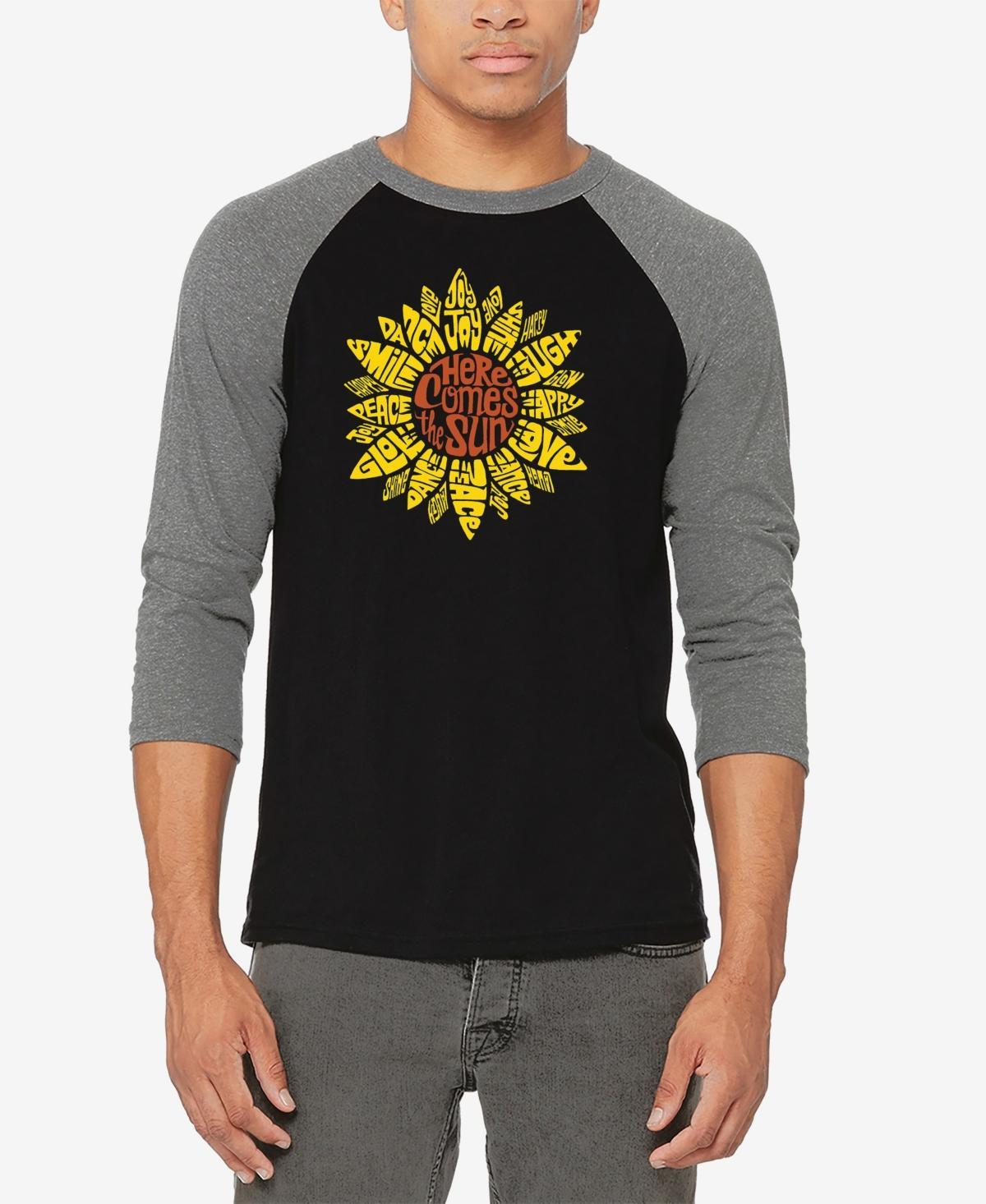 La Pop Art Mens Raglan Baseball 3/4 Sleeve Sunflower Word Art T-shirt - Gray Product Image