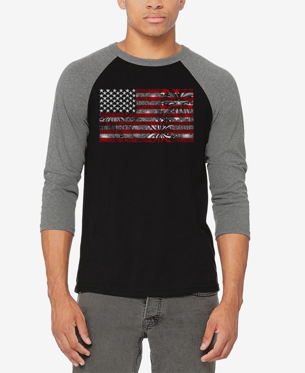 La Pop Art Mens Raglan Baseball Word Art Fireworks American Flag T-shirt - Black Product Image