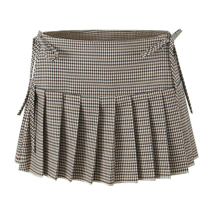 High Rise Print Drawstring Pleated Mini A-Line Skirt Product Image