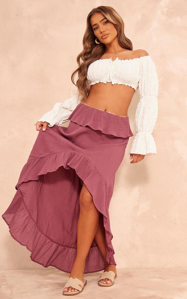 Berry Cheesecloth Shirred Waist Waterfall Hem Maxi Skirt Product Image