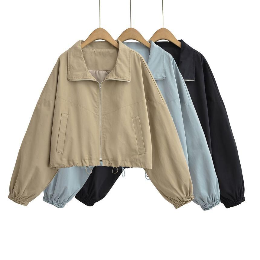 Stand Collar Plain Drawstring Zip Jacket Product Image