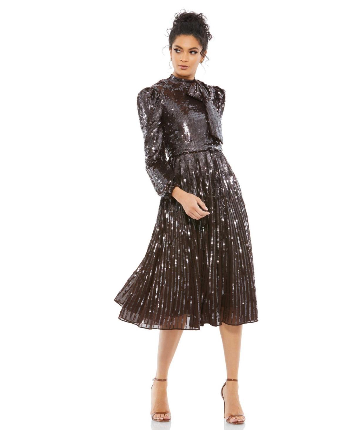 Mac Duggal Sequin Stripe Long Sleeve A-Line Dress Product Image