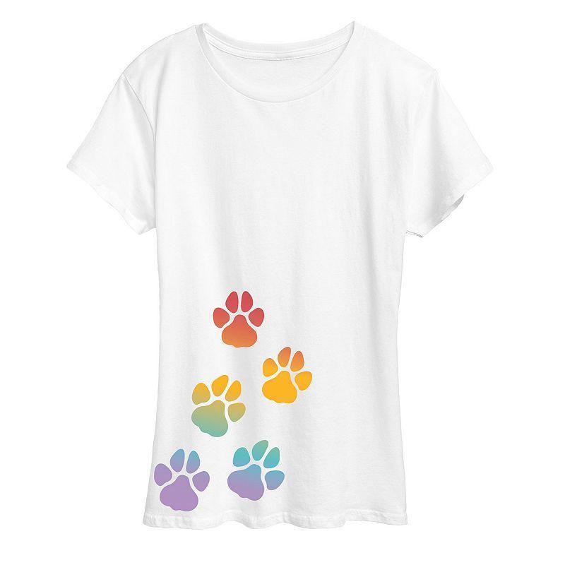 Womens Rainbow Paw Prints Graphic Tee White Product Image