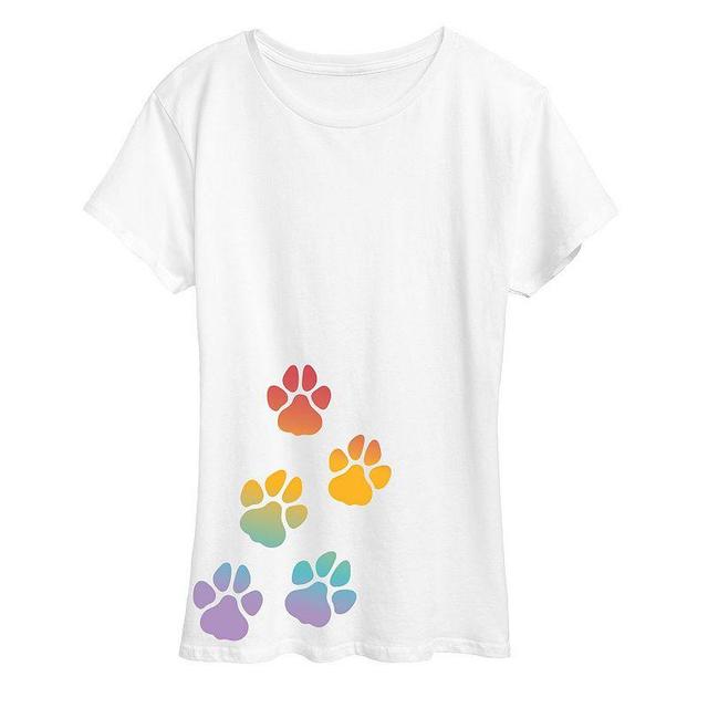 Womens Rainbow Paw Prints Graphic Tee White Product Image