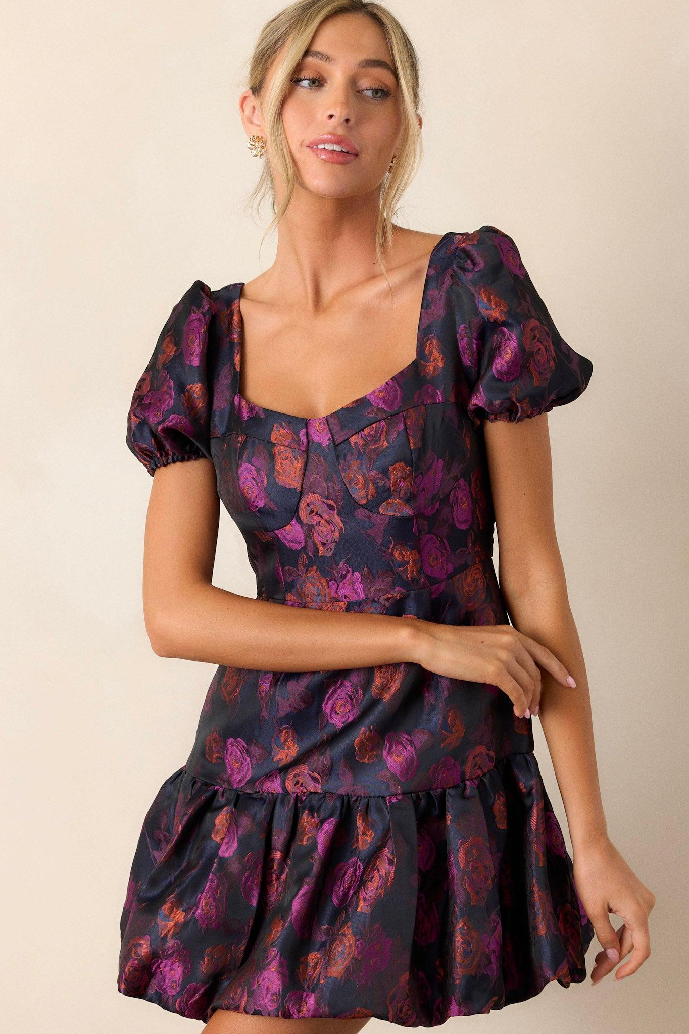 My Lover Plum Floral Puff Sleeve Mini Dress Product Image