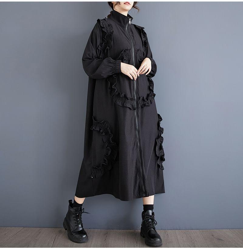 Mock Neck Frill Trim Plain Zip-Up Long Coat Product Image