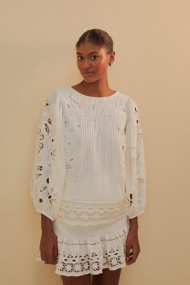 White Richelieu Short Sleeve Blouse, OFF-WHITE / XXS Product Image