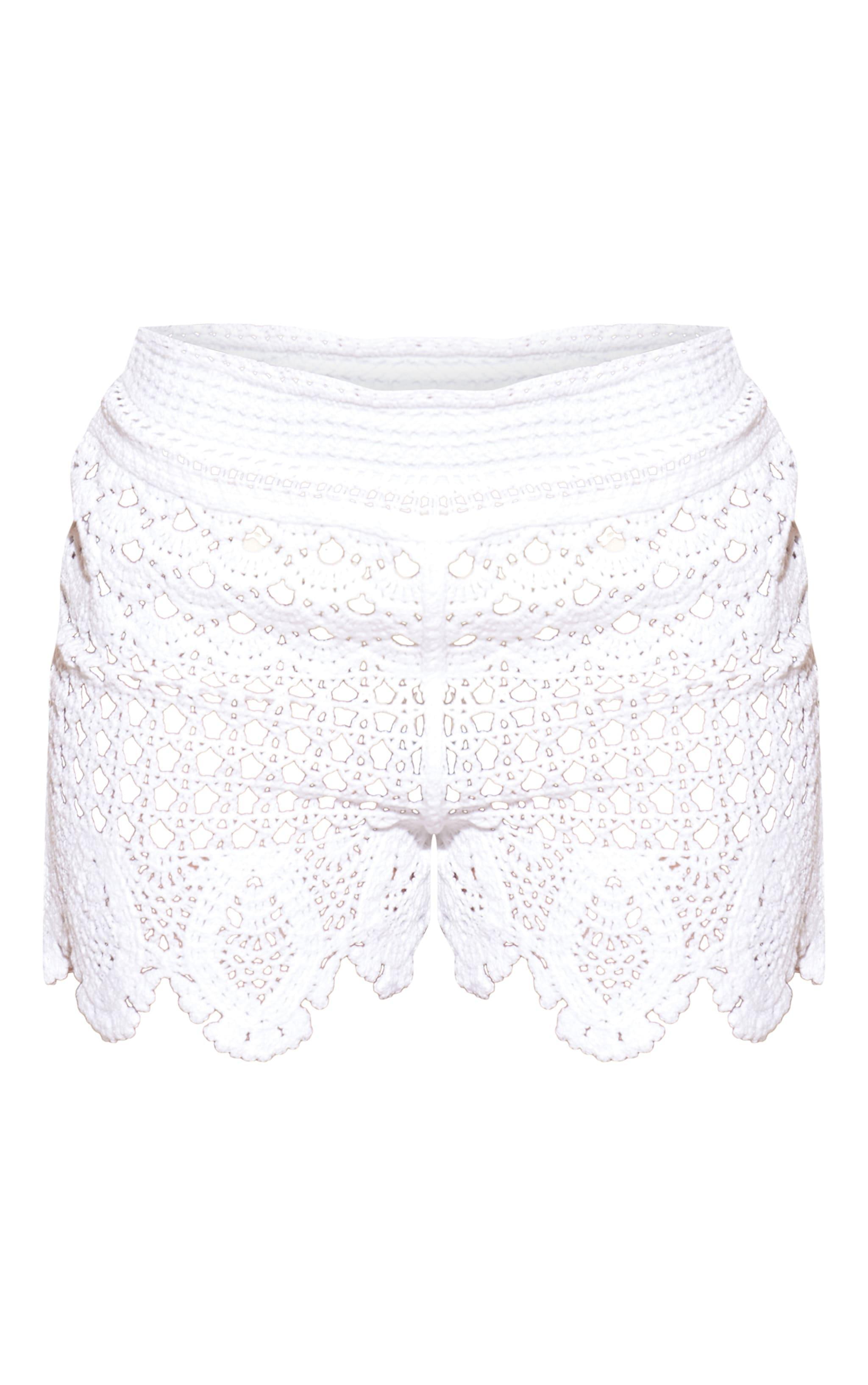 White Textured Crochet Frill Hem Shorts Product Image