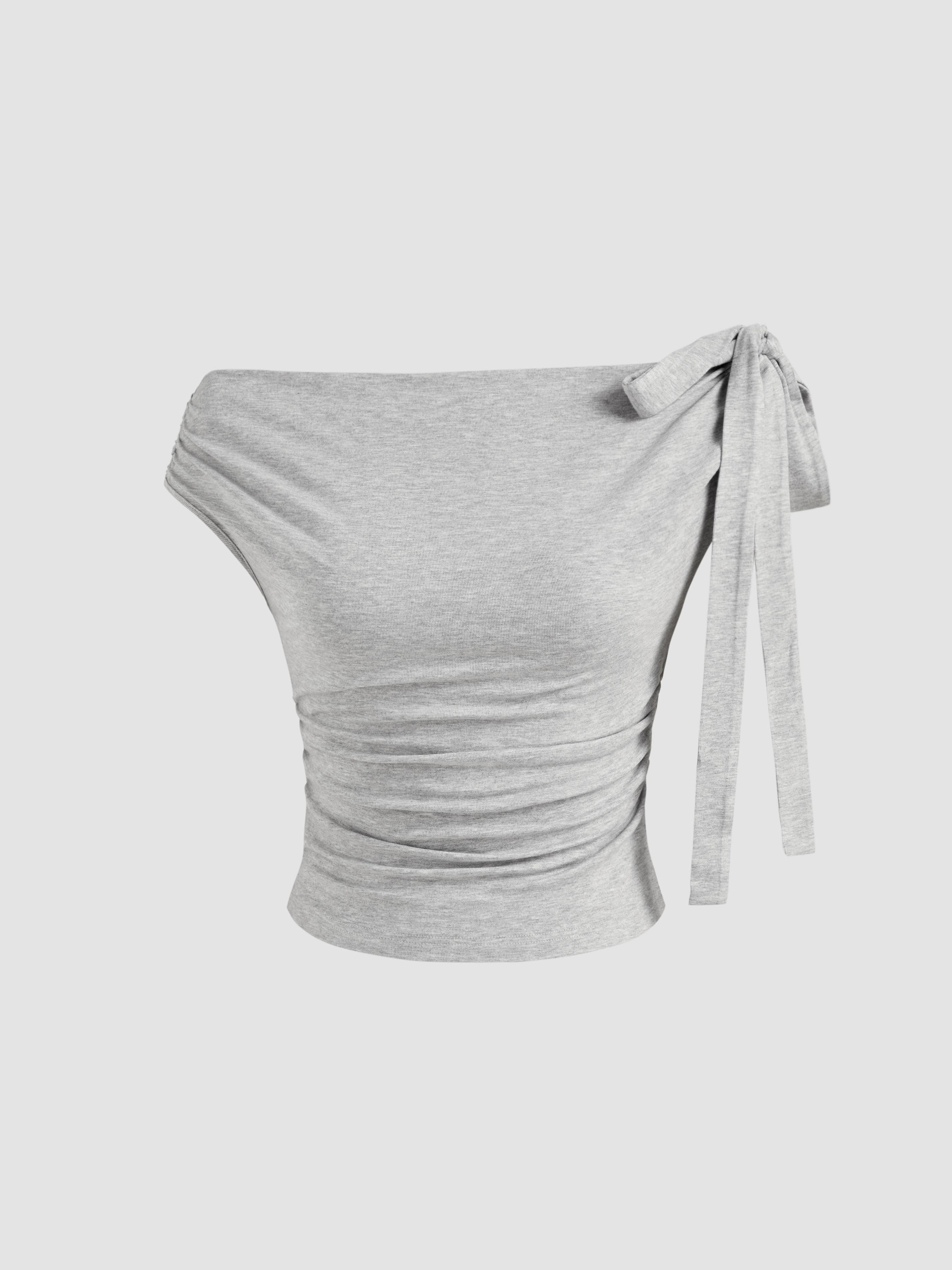 Boat Neck Solid Ruched Bowknot Crop Top Product Image