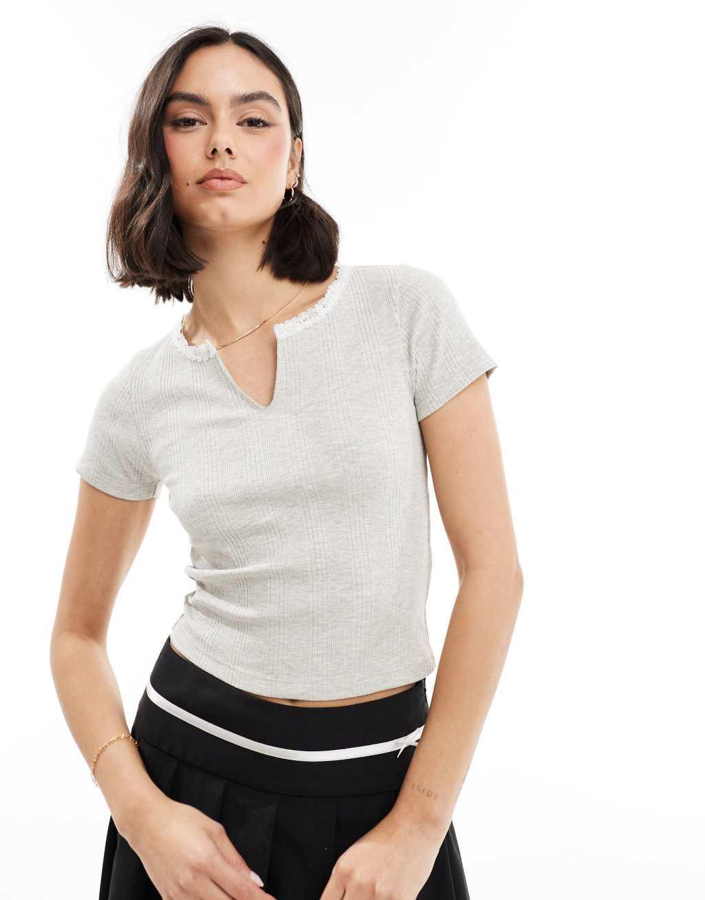 Miss Selfridge short sleeve notch front ribbed t-shirt in heather gray product image