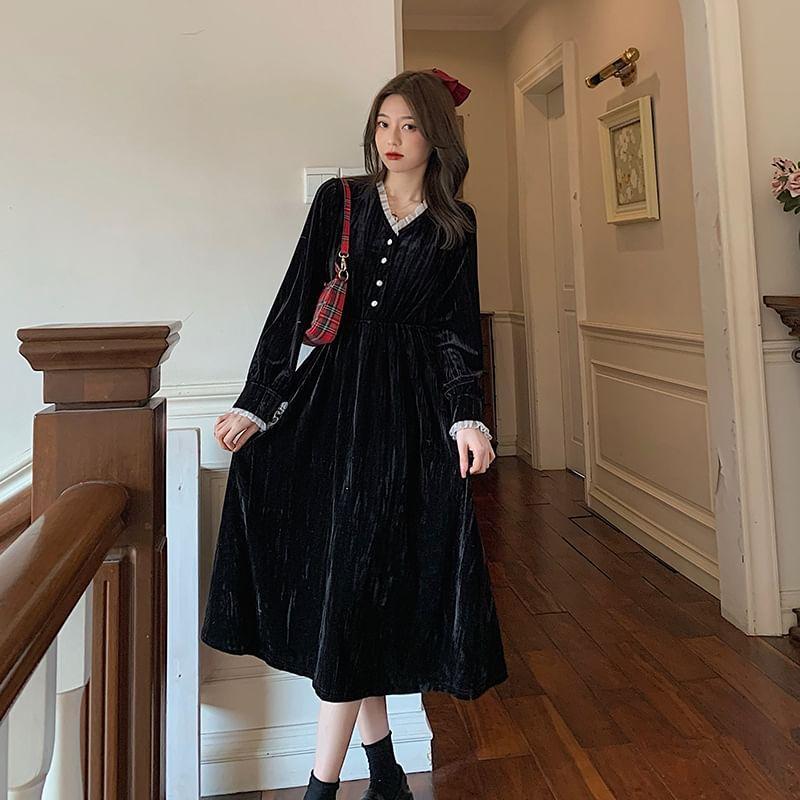 Long-Sleeve V-Neck Frill Trim Velvet Midi A-Line Dress Product Image