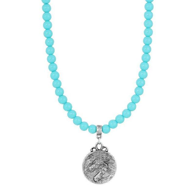 1928 Silver Tone Simulated Turquoise Bead Horse Head Pendant Necklace, Womens Product Image