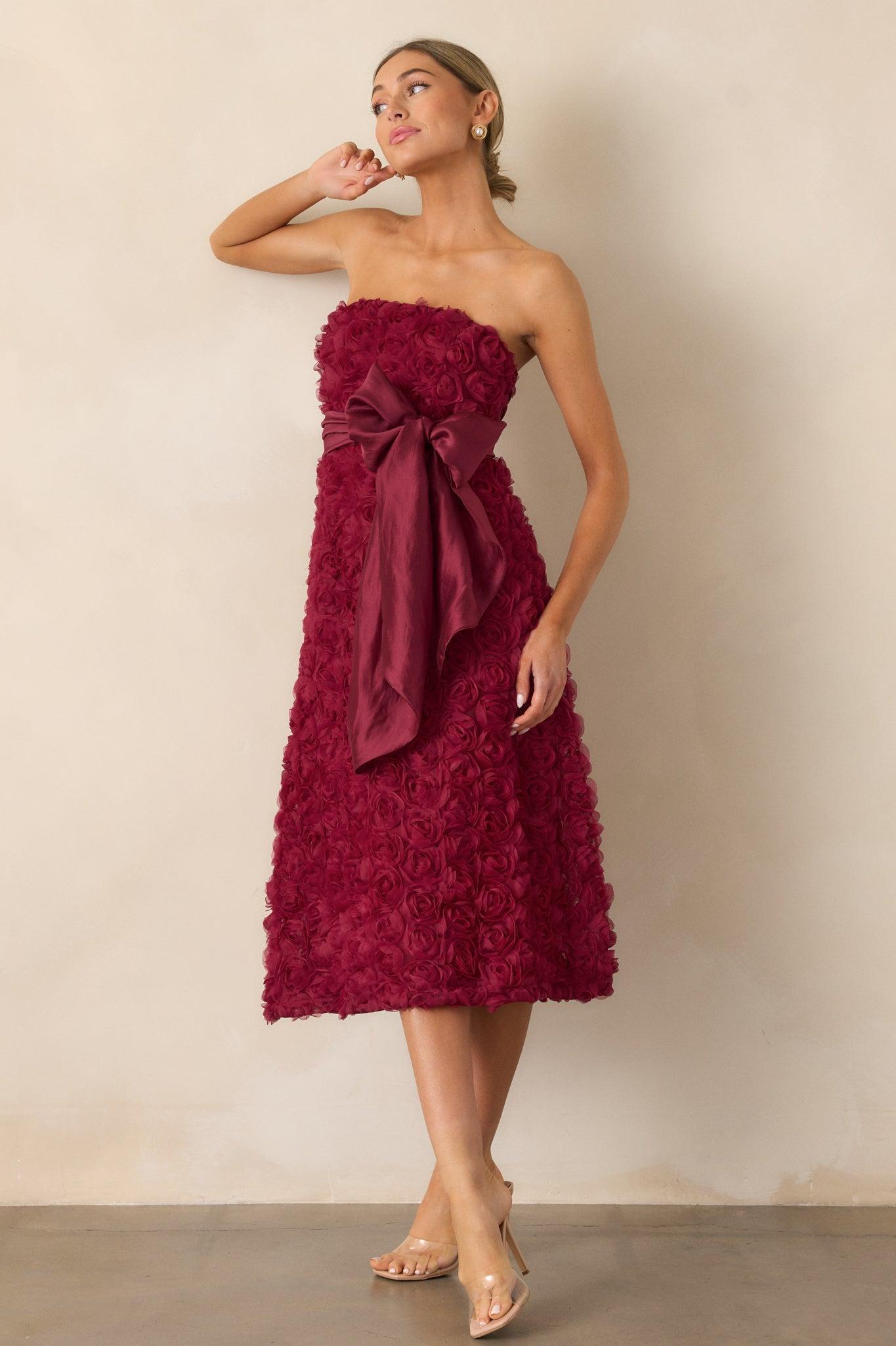 Raising The Bar Wine Floral Applique Midi Dress Product Image