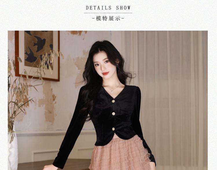 Long-Sleeve V-Neck Plain Button-Up Velvet Crop Blouse / High Waist Tiered Mesh Maxi A-Line Skirt / Set Product Image