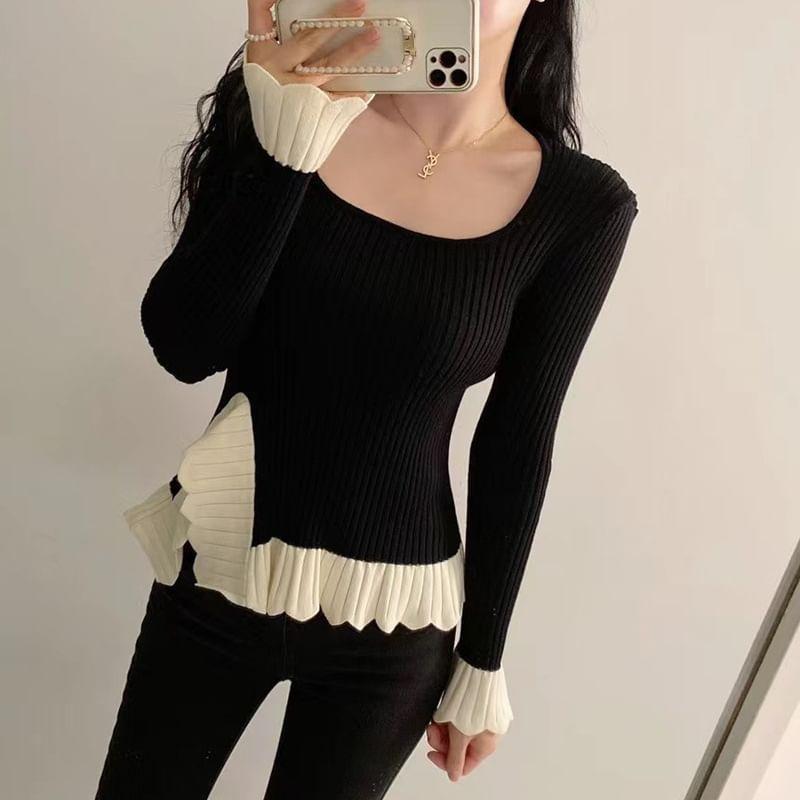 Long-Sleeve Square Neck Two Tone Top Product Image