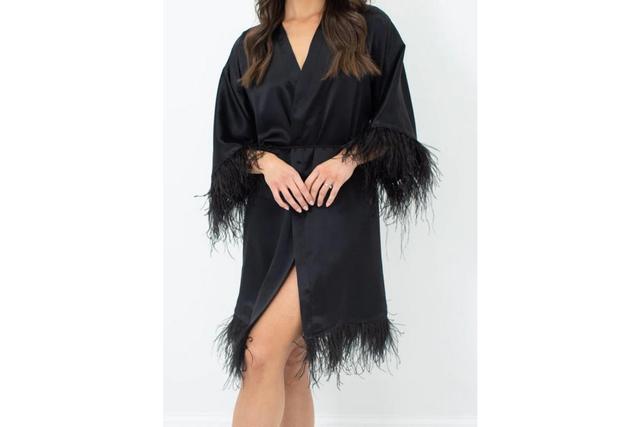 Womens Silk Robe - Short - Ostrich Feather Trim Hem and Sleeve - Silk Collection Product Image