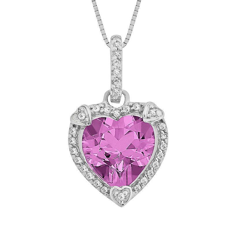 Gemminded Sterling Silver Lab-Created Pink Sapphire and Diamond Accent Heart Frame Pendant, Womens Product Image