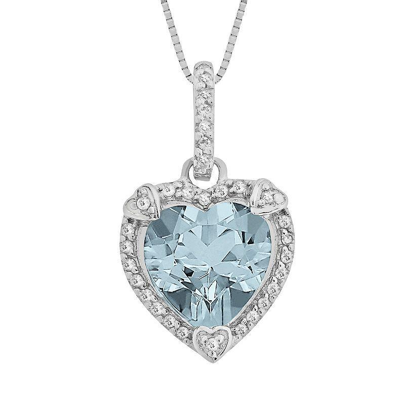 Gemminded Sterling Silver Lab-Created Aquamarine and Diamond Accent Heart Frame Pendant, Womens Blue Product Image