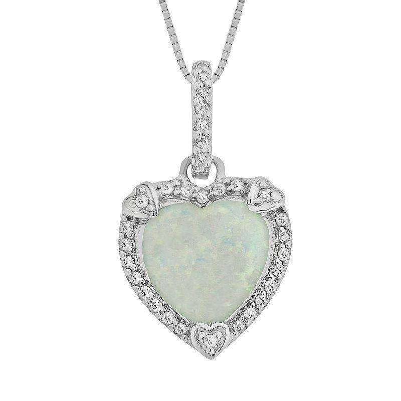 Gemminded Sterling Silver Lab-Created Opal and Diamond Accent Heart Frame Pendant, Womens White Product Image