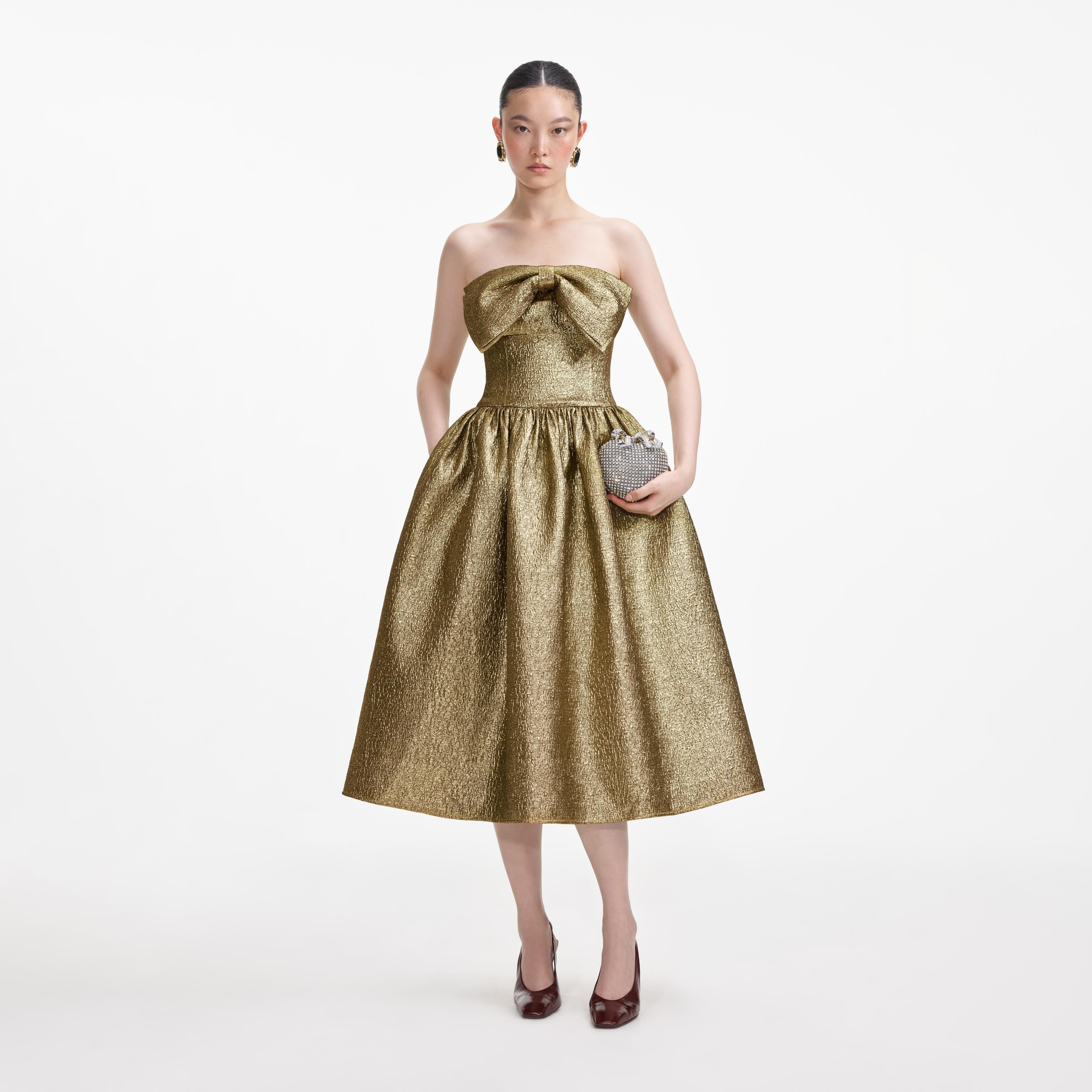 Gold Metallic Jacquard Midi Dress Product Image