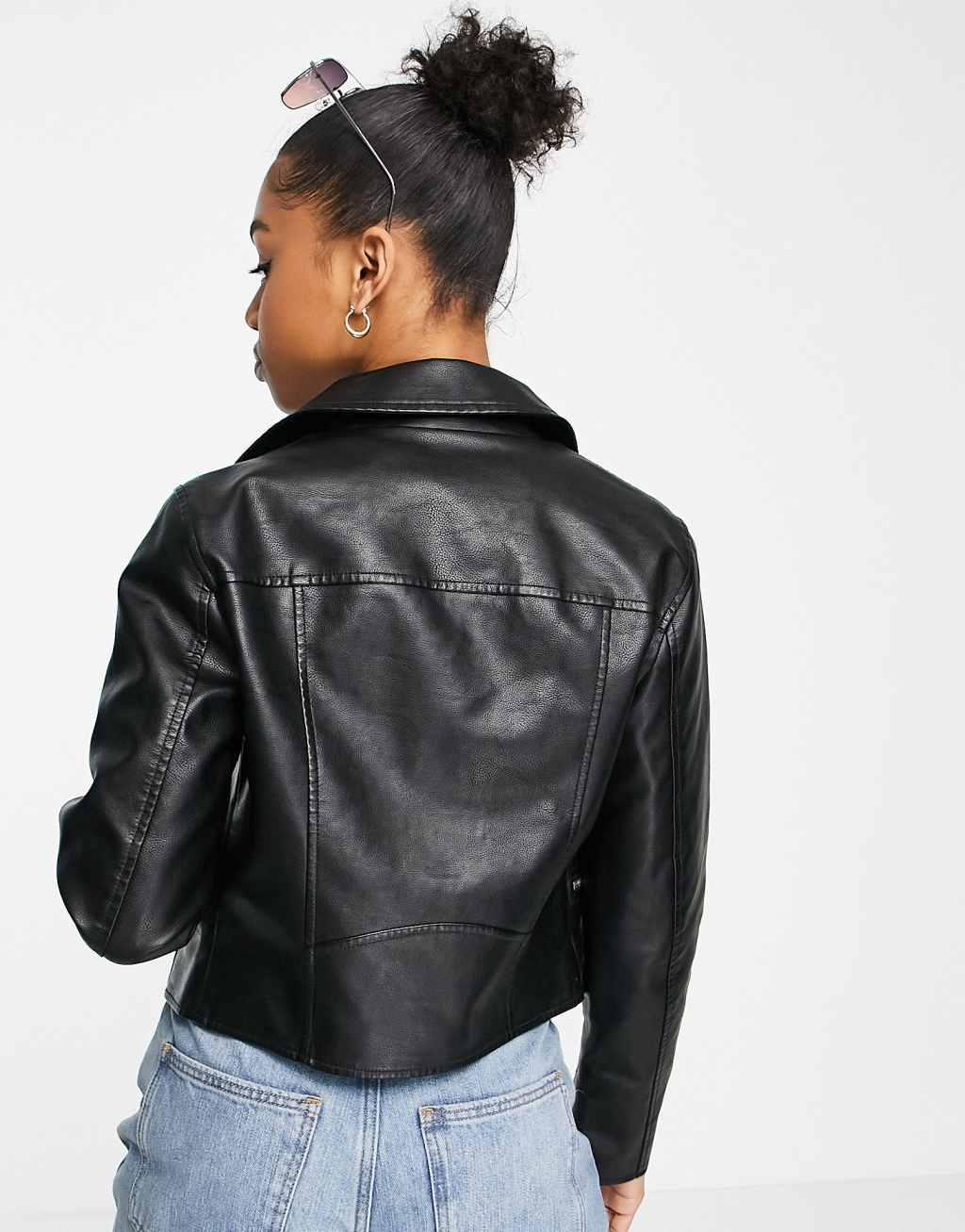 Miss Selfridge faux leather biker jacket in black  Product Image