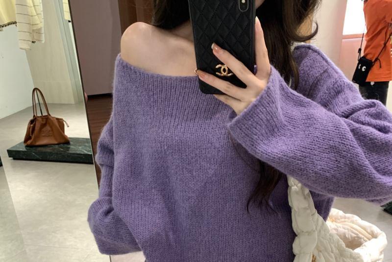 Off-Shoulder Plain Oversized Sweater / High Rise Knit Wide Leg Pants Product Image