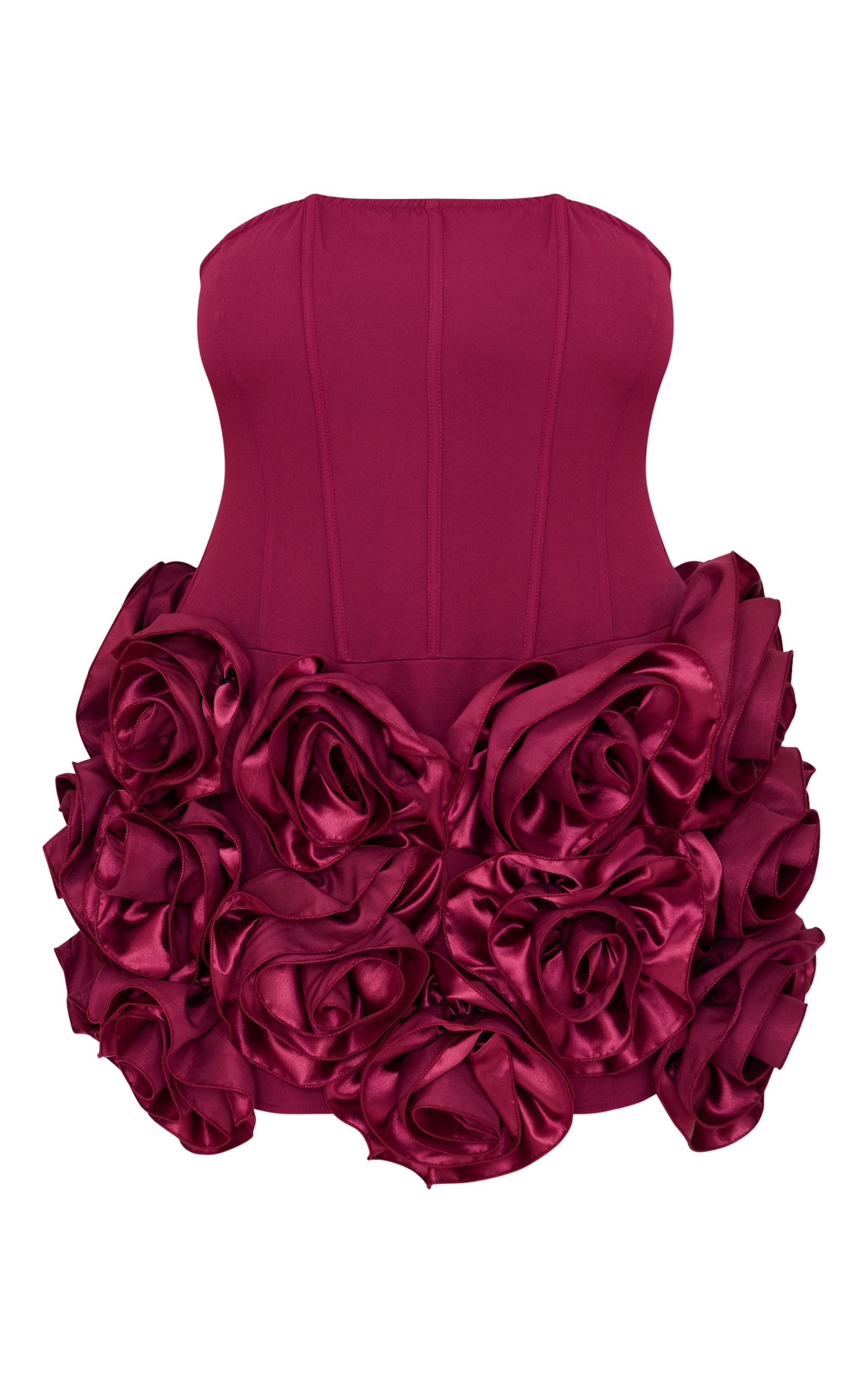 Plus Burgundy Boned Corset Flower Detail Bodycon Dress Product Image