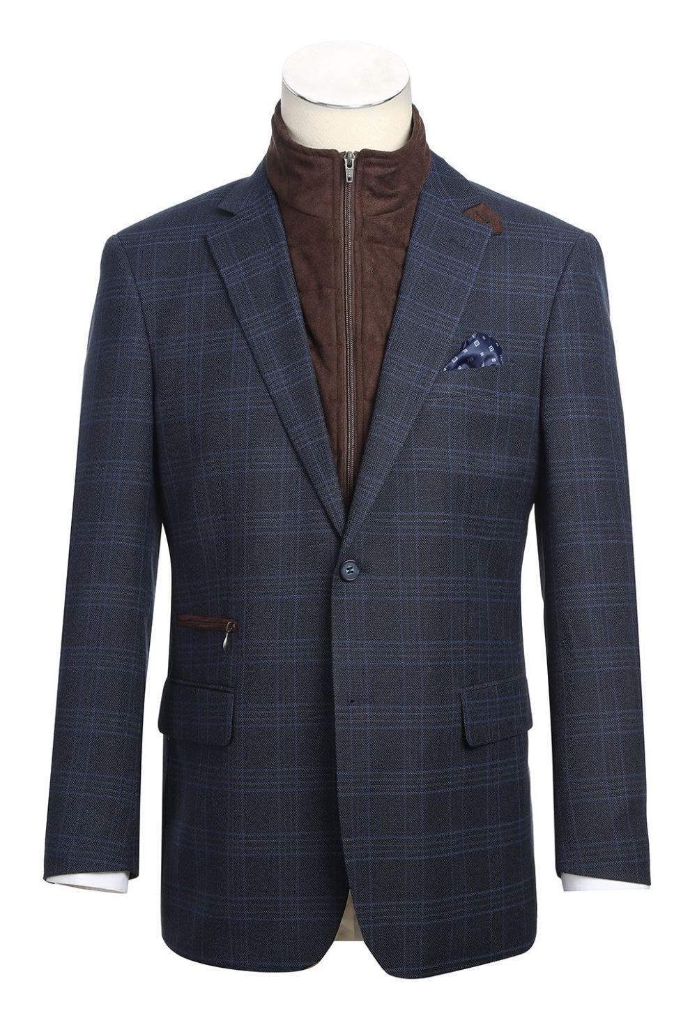 Navy Regular Fit 2 Button Plaid Blazer with Bib product image