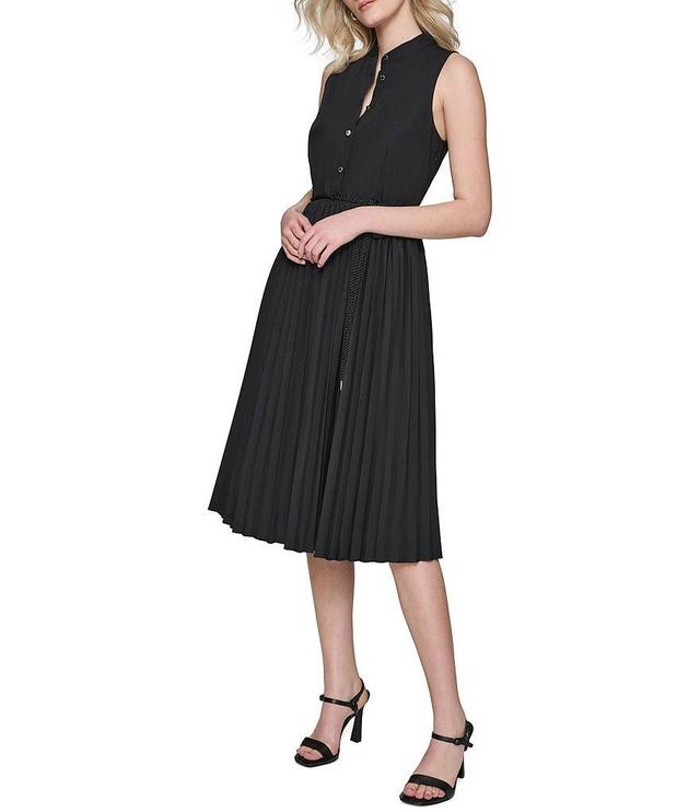 KARL LAGERFELD PARIS Poplin Pleated Collar Neck Sleeveless Shirt Dress Product Image