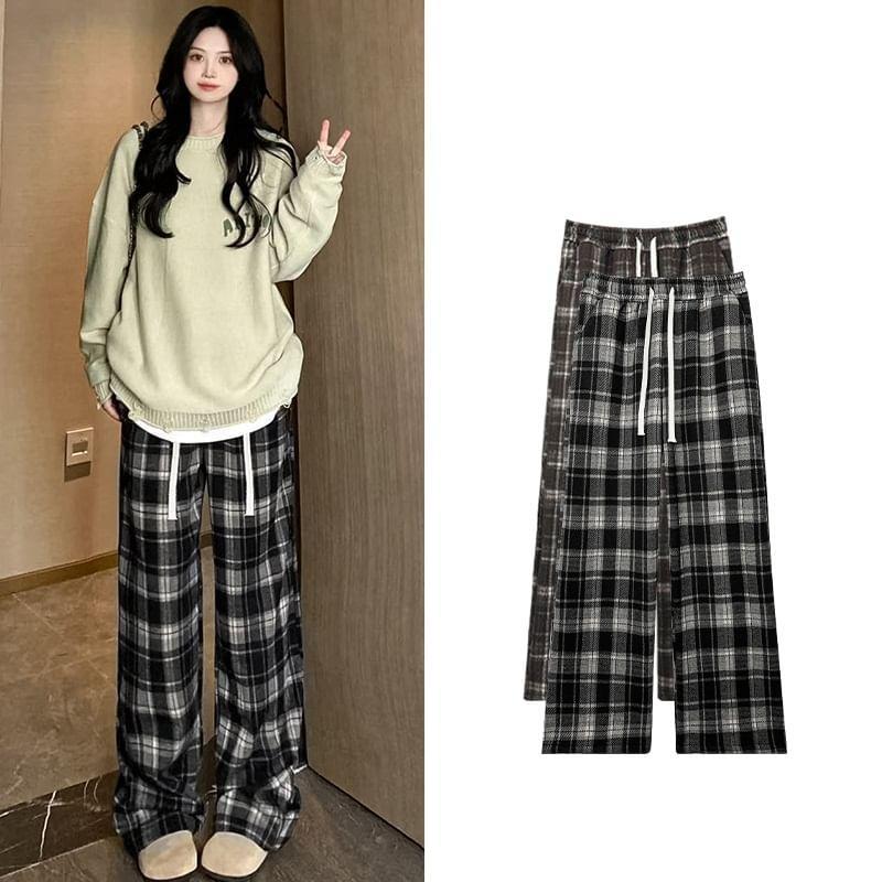 High Waist Plaid Wide Leg Pants Product Image