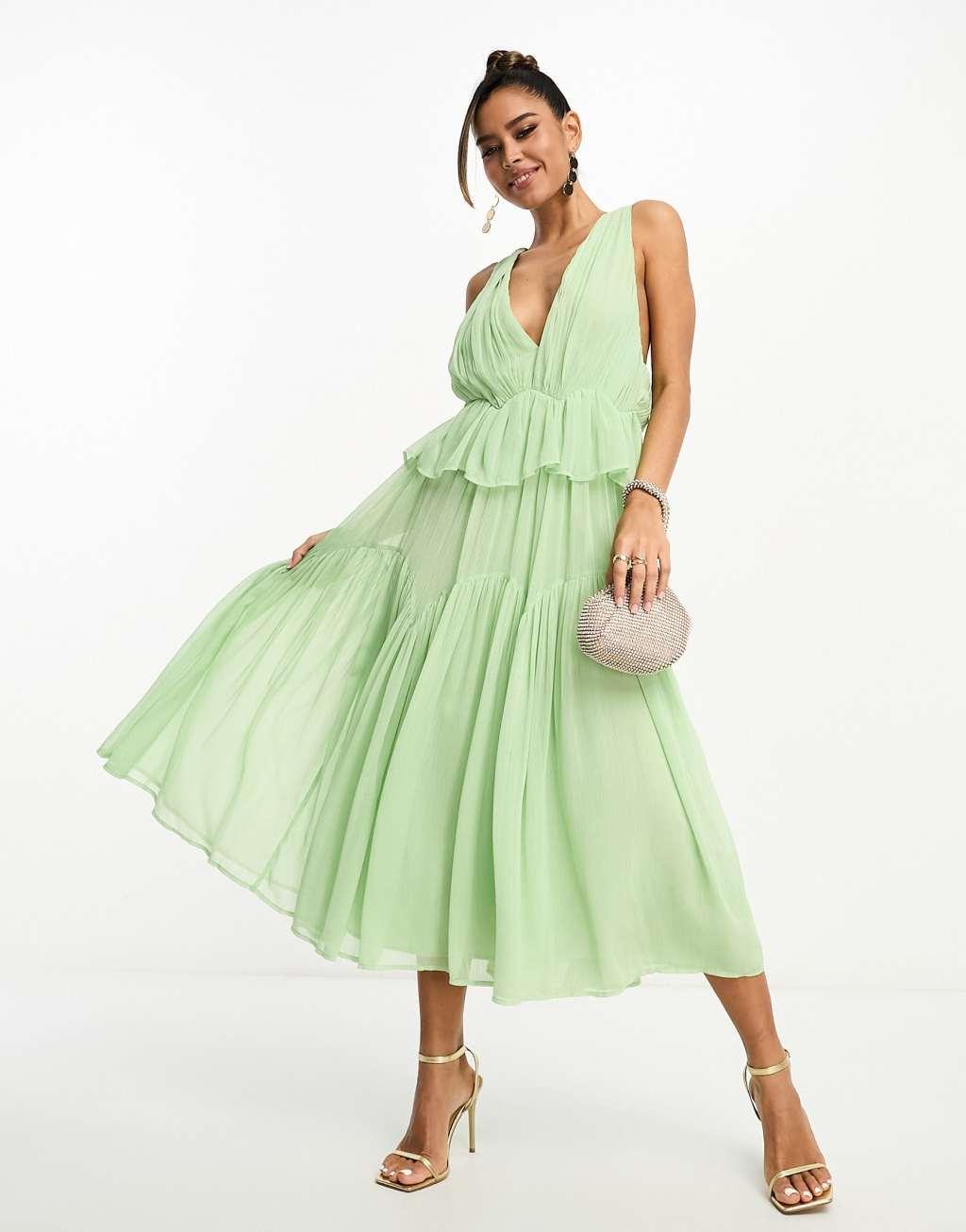 ASOS DESIGN plunge pleated tiered midi dress in sage green Product Image