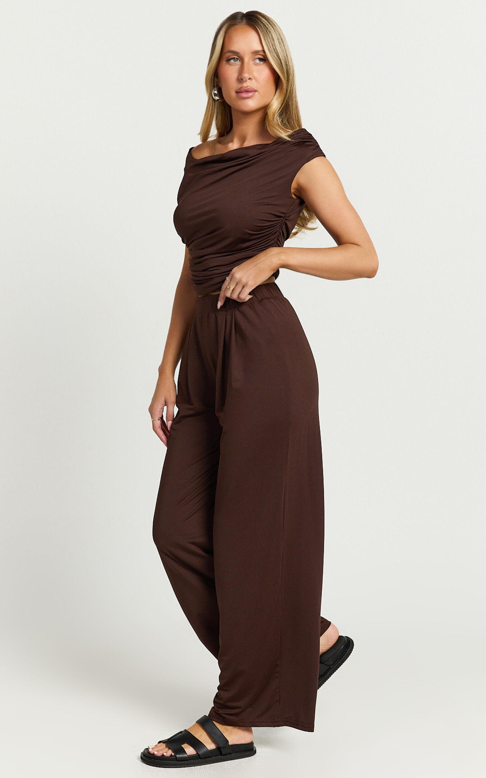 Leila Two Piece Set - Off Shoulder Top and High Waist Wide Leg Pants Set in Chocolate Product Image