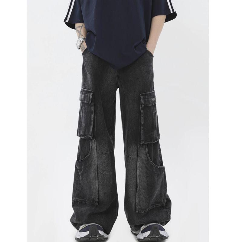 Mid Waist Washed Wide Leg Cargo Jeans Product Image