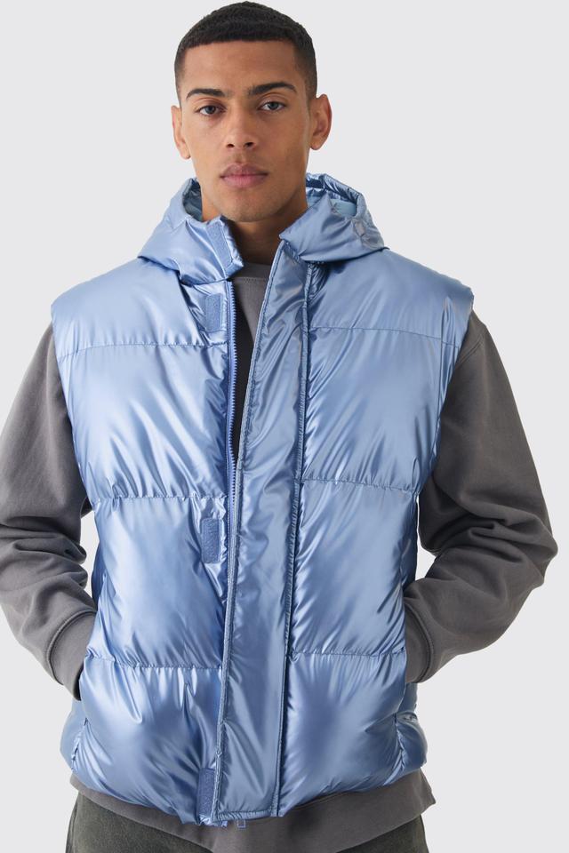 Metallic Hooded Puffer Vest In Light Blue | boohooMAN USA Product Image