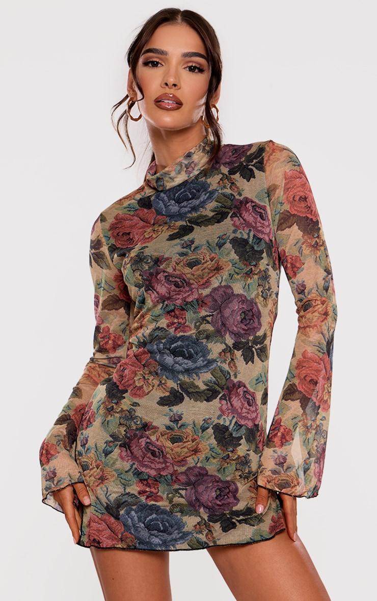  Brown Floral Print High Neck Flared Sleeve Shift Dress Product Image