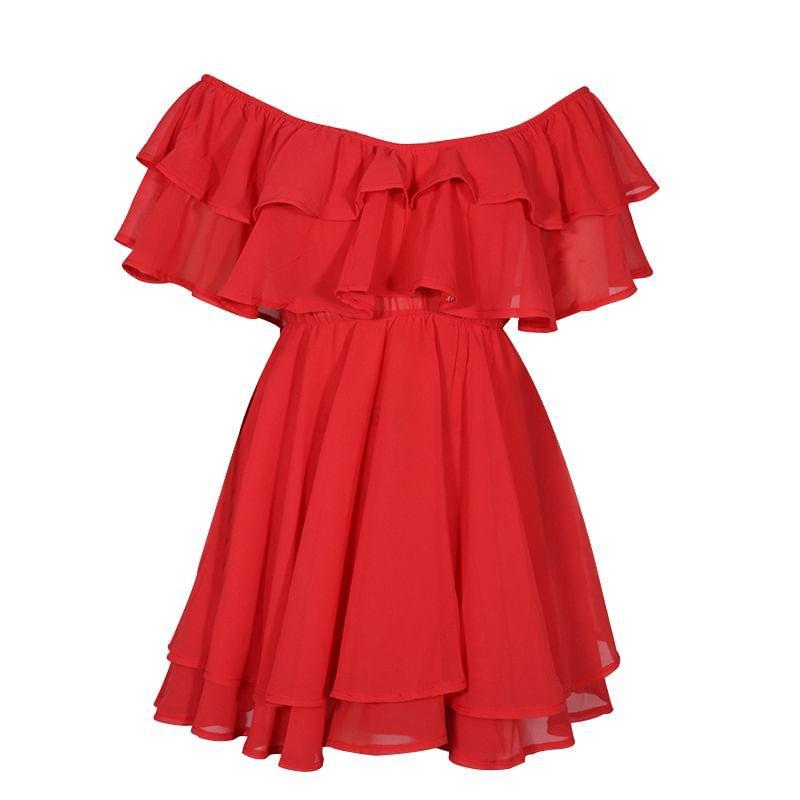 Off Shoulder Ruffle Plain Mini A-Line Dress Product Image