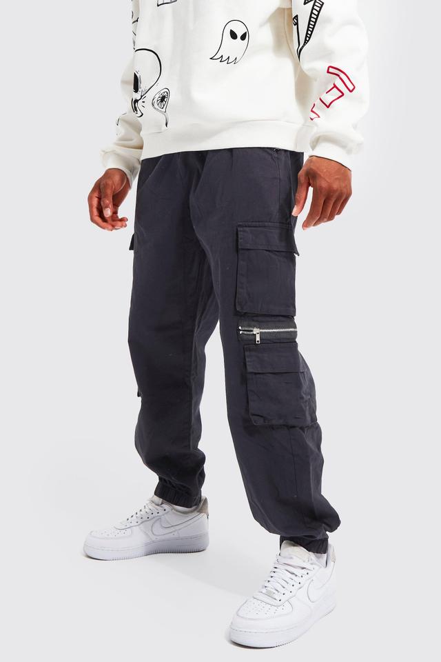 Elastic Waist Multi Pocket Zip Cargo Pants | boohooMAN USA Product Image