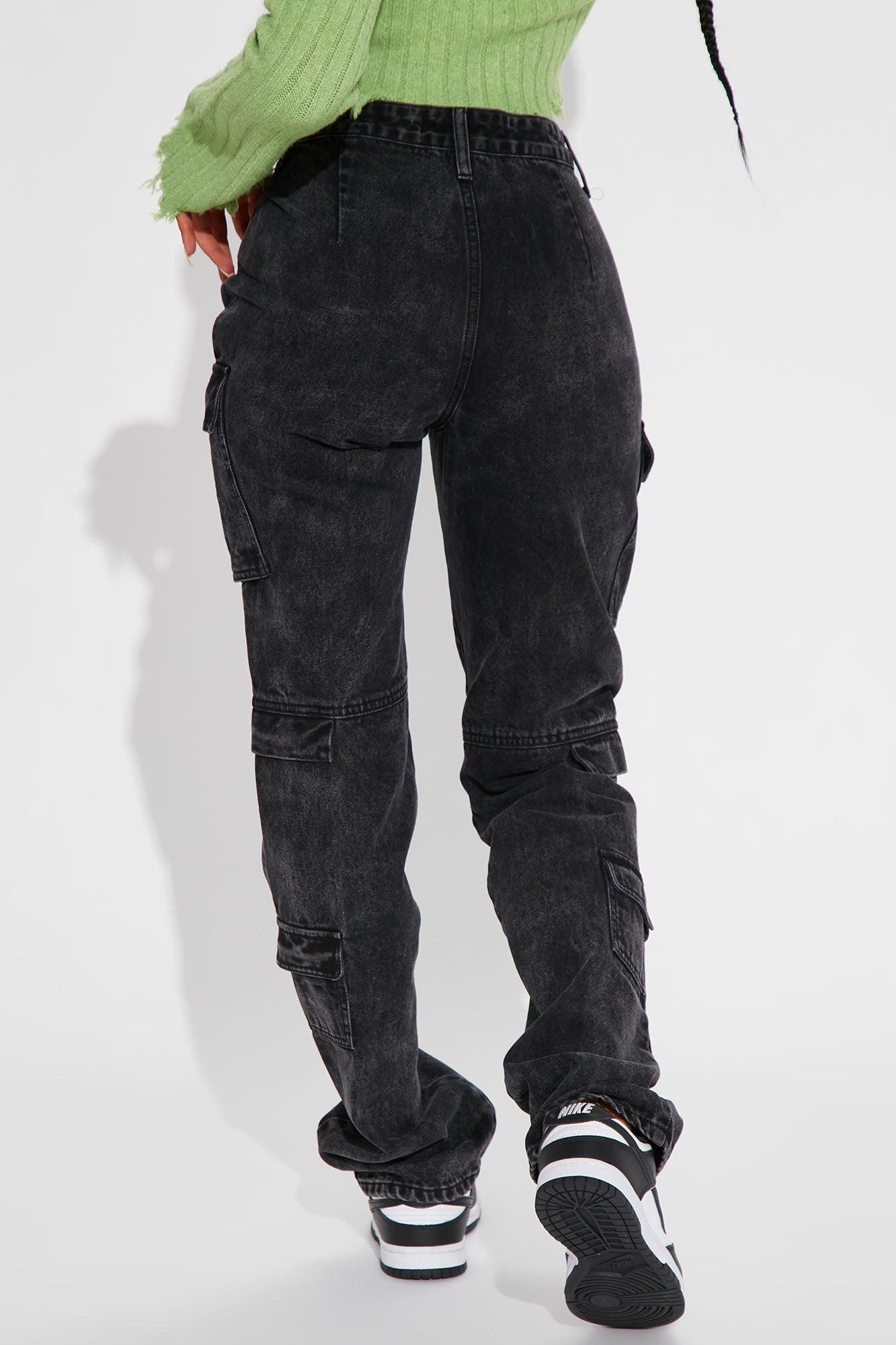 Make A Night Of It Mid Rise Cargo Straight Leg Jeans - Black Wash Product Image