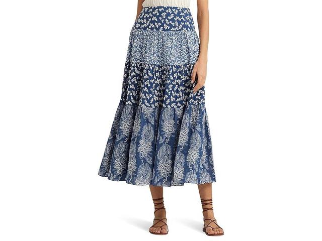 LAUREN Ralph Lauren Patchwork Floral Voile Tiered Skirt Cream) Women's Skirt Product Image