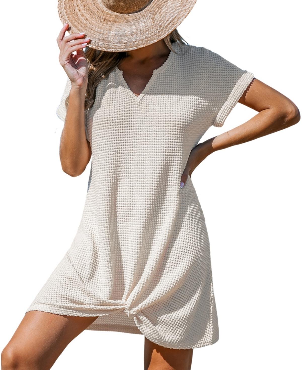 Cupshe Womens Waffle Knit Short Sleeve Hem Twist Mini Cover-Up - Beige Product Image