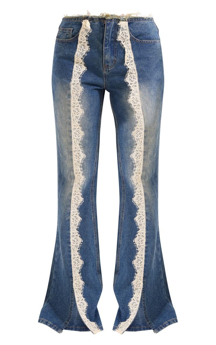 Mid Blue Wash Lace Trim Frayed Edge Flared Denim Jeans Product Image