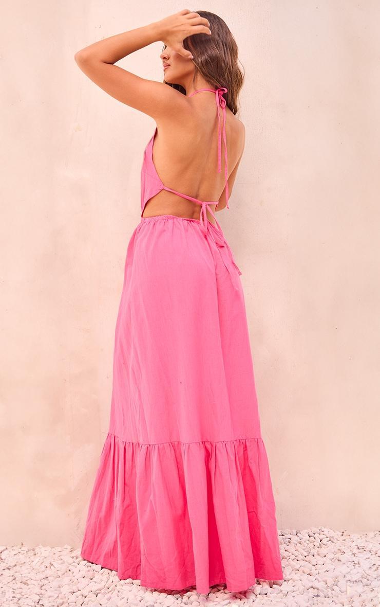 Bright Pink Linen Look Halterneck Backless Maxi Dress Product Image