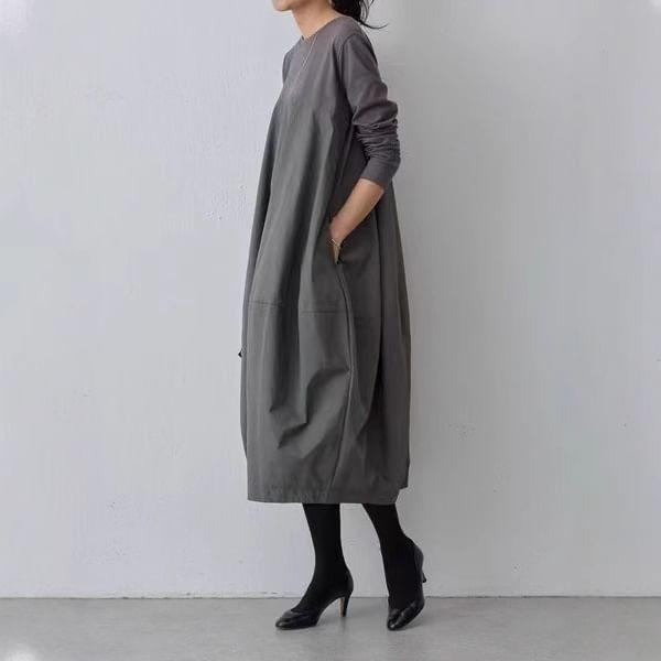 Long-Sleeve Crew Neck Plain Midi Smock Dress Product Image