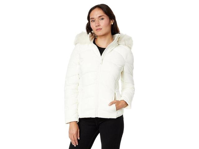 Calvin Klein Short Faux Fur Trim Puffer (Eggshell) Women's Jacket Product Image