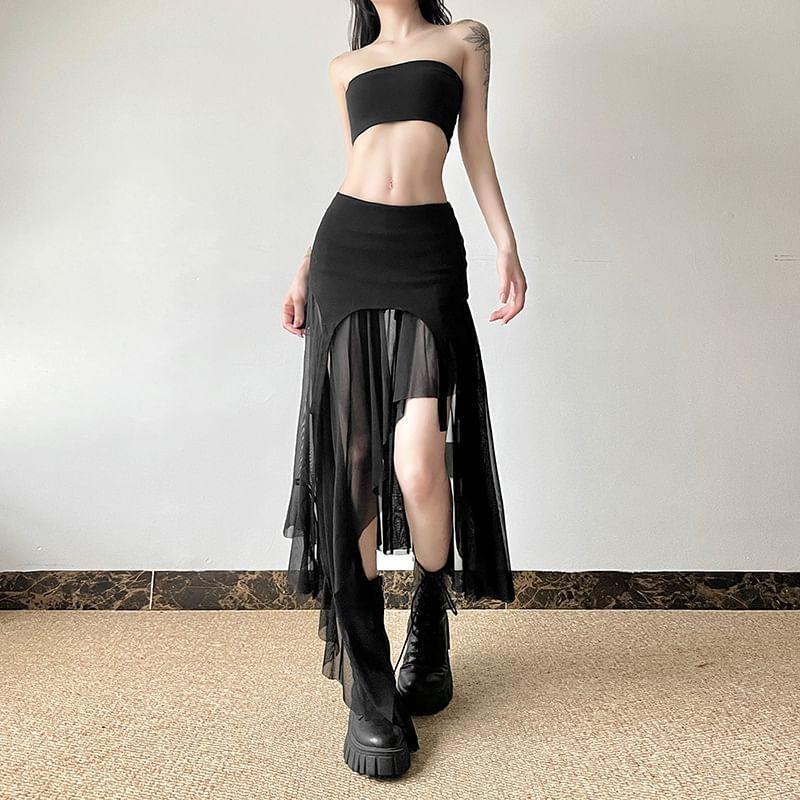 Mid Rise Plain Asymmetrical Panel Mesh A-Line Skirt Product Image